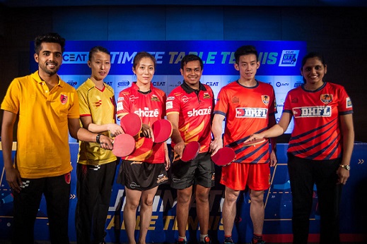 (L to R) Sanil Shetty of Falcons TTC, Wu Yang of Falcons TTC, Han Ying of Shaze Challengers, Soumyajit Ghosh of Shaze Challengers, Wong Chun Ting DHFL Maharashtra United, Pooja Sahasrabudhe Koparkar of DHFL Maharashtra United, pose for a photograph during the press conference of the Ultimate Table Tennis League, held in Chennai, India on July 09, 2017.  Photo : Pal Pillai/ Focus Sports/ Ultimate Table Tennis
