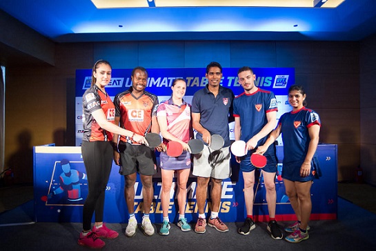 (L to R)  Manika Batra of Oilmax-Stag Yoddhas, Aruna Quadri of Oilmax-Stag Yoddhas, Sabine Winter of RP-SG Mavericks, Sharath Kamal Achanta of RP-SG Mavericks,  Marcos Freitas of Dabang Smashers T.T.C. and Madhurika Patkar of Dabang Smashers T.T.C.pose for a photograph during the press conference of the Ultimate Table Tennis League, held in Chennai, India on July 09, 2017.  Photo : Pal Pillai/ Focus Sports/ Ultimate Table Tennis